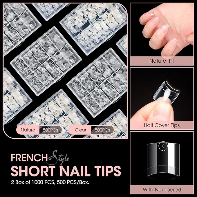 Buqikma Short Nail Tips - 1000PCS French Style Square Tips for Acrylic Nails Half Cover with Case for Salon (Clear+Natural)
