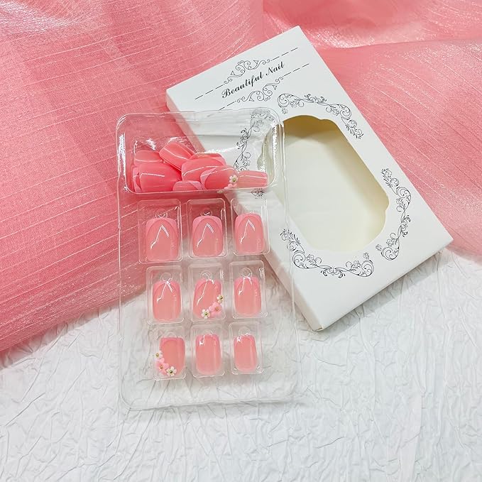 Square Press on Nails Short Fake Nails with Designs 3D Flower Stick on Nail Pink French Acrylic False Nail Glossy Artificial Nail Full Cover Glue on Nails for Women 24Pcs