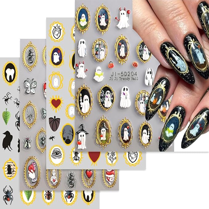 Retro Halloween Nail Art Stickers Decals Pumpkin Spider Nails Sticker 5D Embossed Spider Ghost Nails Decal Self-Adhesive Halloween Nail Decor for Women (4 Sheets)