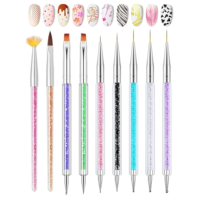 AIJIMEI 9pcs Nail Art Brushes Nail Tool Set, Nail Design Brushes Mixed Color Two-Way Nail Art Brushes, Point Pen Tool Nail Trimming Kit, Suitable For Home Salons.