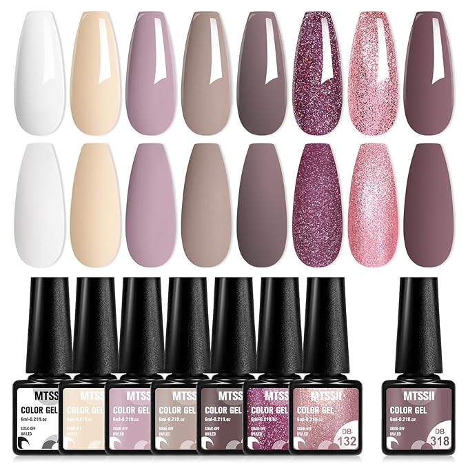 MTSSII Gel Nail Polish Set 8 Colors Skin Tone Collection Nude Brown Gel Polish Pink Neutral Beige Khaki Soak off Uv Led Lamp Needed Manicure Diy Home Gift for Girls