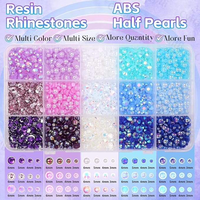 15 Grids Pearls and Resin Rhinestones for Crafting, Purple Blue White Bedazzling Gems Kit, Jelly Resin Rhinestones for Nails Face Eyes Makeup Crafts Tumblers Bottles