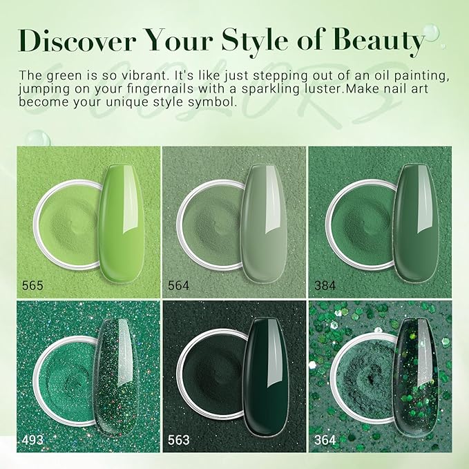 AZUREBEAUTY Dip Powder Nail Kit,St. Patrick's 6 Colors Glitter Green Forest,Dipping Powder Color French Nail Art Manicure DIY Salon Gifts for Women, No Need Nail Lamp Cured