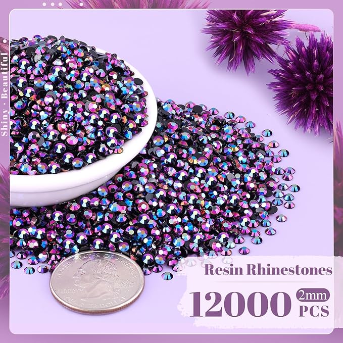 12000PCS 2mm Resin Jelly Rhinestones in Bulk (Purplish Black AB), Bedazzling Flatback Crystals Rhinestones for Crafting DIY Nail Decoration, Gems Diomand Charms for Tumbler Shoes Clothing Fabric