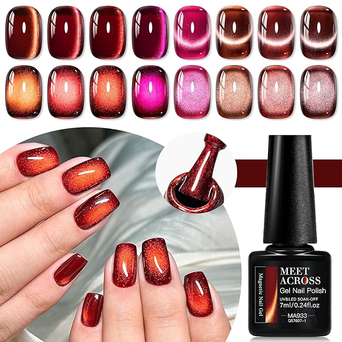 MEET ACROSS 9Pcs Cat Eye Gel Nail Polish Glitter Magnetic Cat Eye Gel Polish Set, Sparkle Red Purple Cateye Gel Polish with Magnet, Soak Off Led Nail Art Manicure Salon Gifts