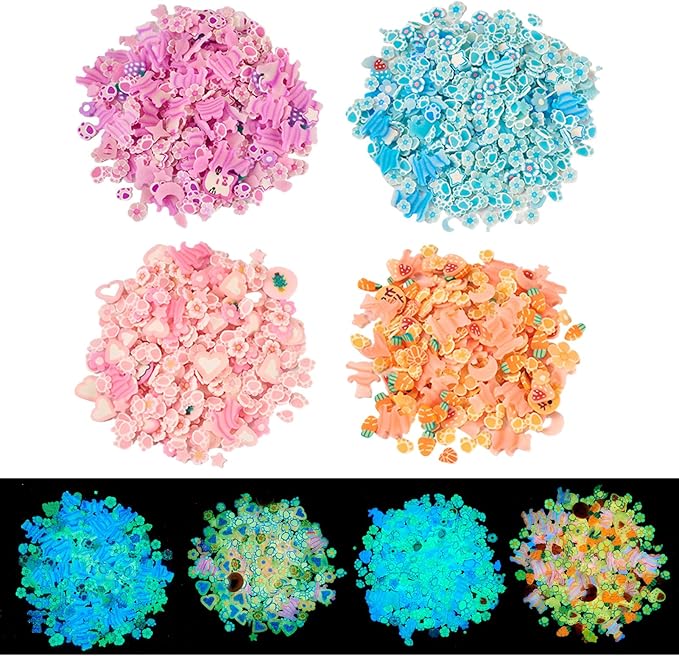 4 Bags Luminous Polymer Clay Slices Glow in The Dark Nail Art Slices 3D Clay Slices Tiny Polymer Clay Flatback Cabochons for DIY Crafts Resin Nail Scrapbook Phone Case Decoration