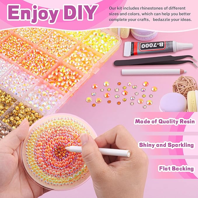 20000Pcs Yellow Rhinestones for Bedazzling with 3Pcs B7000 Jewelry Glue, Resin Rhinestones for Crafting Crafts，Bedazzler Kit Flatback Gems for Clothing Shoes Tumblers Nail Art