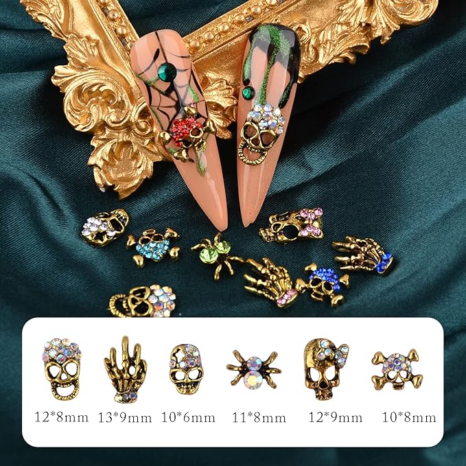 Halloween Nail Charms Rhinestones Decorations - 60Pcs/Box Multi Shape Halloween Nail Accessories Metal Punk Vintage Gold Nail Design for DIY Nail Art Craft