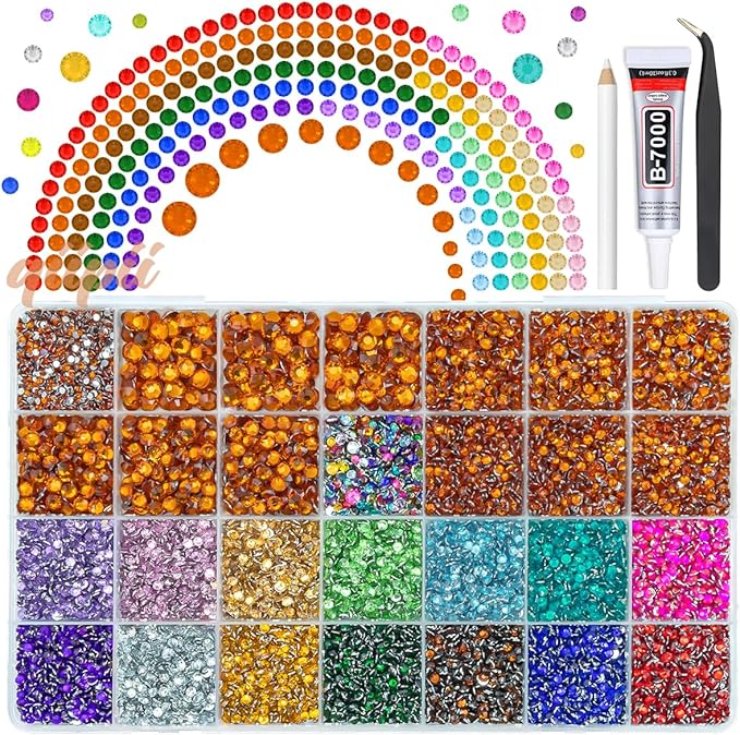 28 Grids Orange Red 2mm-6mm Resin Rhinestones w B7000 Glue for Bedazzling Crafting Flatback Stones Diamonds Crystals Gems Colorful Bedazzler Kit for Nails Face Eyes Makeup Tumblers DIY Crafts