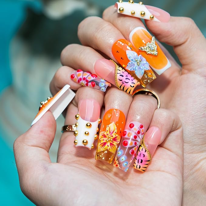 LOVFUL Short Press on Nails Tropical Trouble | Handmade Acrylic Press ons | Reusable Fake False Nails | Square Classic Regular 1.3in | H612-L