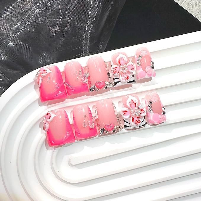 10Pcs Handmade Press on Nails Medium Duck Fake Nails Pink French Tip Nails Press Ons Handmade 3D Floral False Nails with Design Sparkly Full Cover Artificial Stick on Nail for Women (Size M)