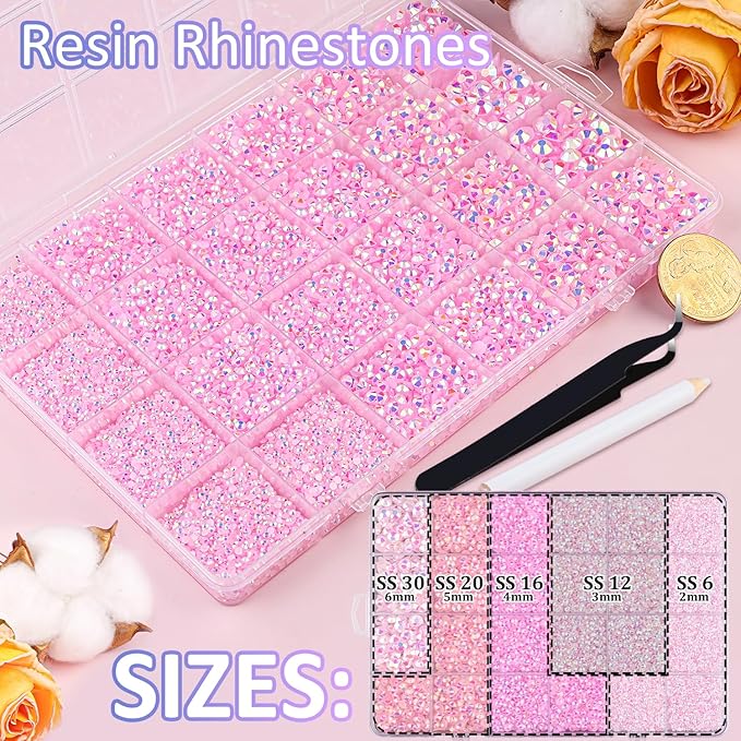 30000Pcs Resin Jelly Rhinestones with Tweezers for Crafting, Light Pink AB Flatback Gems, Bedazzling Crystal with 3Pcs 10ml B7000 Jewelry Glue for DIY Crafts Clothing Tumblers Shoes Fabric Nail Art