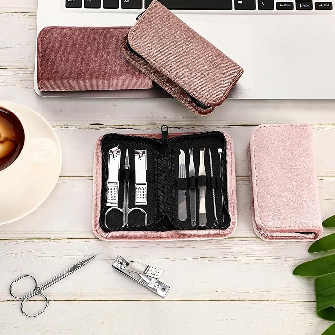 Coume 24 Sets Mini Manicure Set Bulk for Women Men Gifts for Coworkers Nail Grooming Kit 8 in 1 Nail Clippers Kit Luxurious Travel Case Stainless Steel Nails Clipper Set(Brown Series)