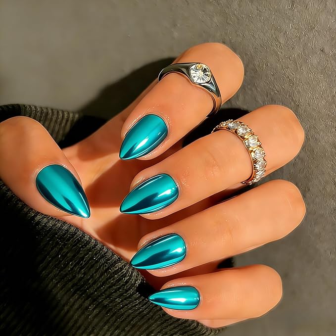Chrome Press on Nails Short Almond, Metallic Teal Green Fake Nails with a Sparkle Mirror Finish, Glitter Glue on Nails for Women Birthday Party, Thick Quality Soft Gel Nail Press ons 30 Pcs