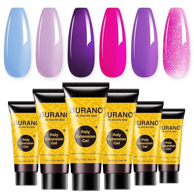 BURANO Poly Extension Gel Nail Kit, 6 Colors Nail Poly Nails Builder Gel Set for Beginner & Professional Using, DIY Starter Kit Nail Art Gift (purple)