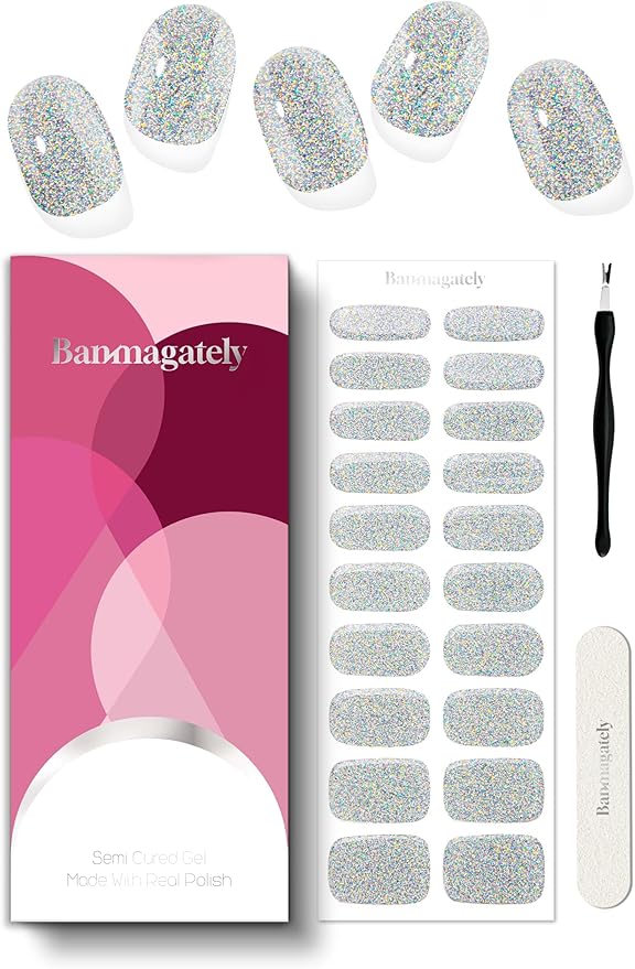 Semi Cured Gel Nail Strips, 20Pcs Long Lasting Salon Quality Wraps, Easy Apply & Remove Gel Nail Stickers with UV Light (Prismatic Silver)