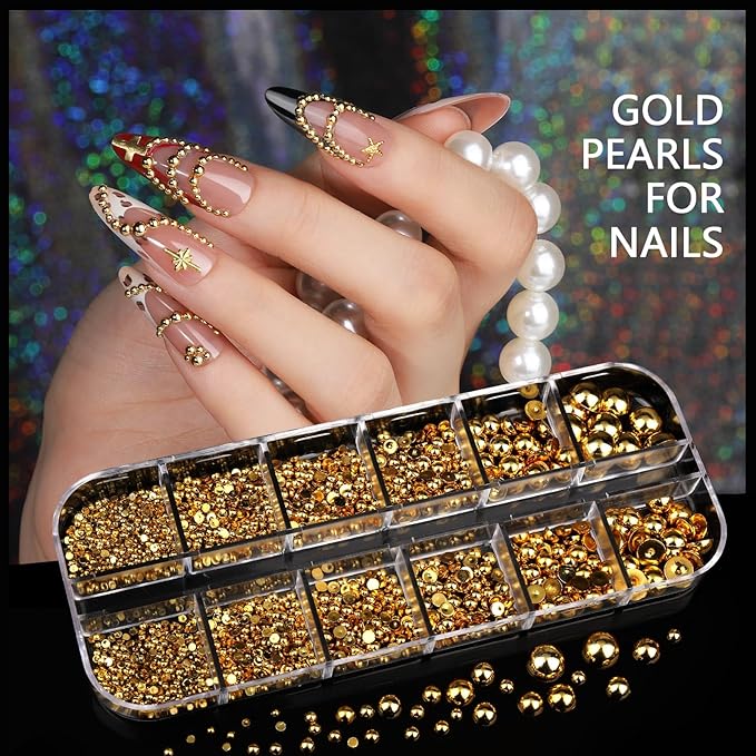 Teentior Nail Charms Gold Rhinestones for Nails with 15 Sheets Gold Nail Stickers, 6 Boxes Nail Gems Pearls for Nails, Cross Nail Charms for Nails Design Nail Art Rhinestones, Caviar Beads for Nails