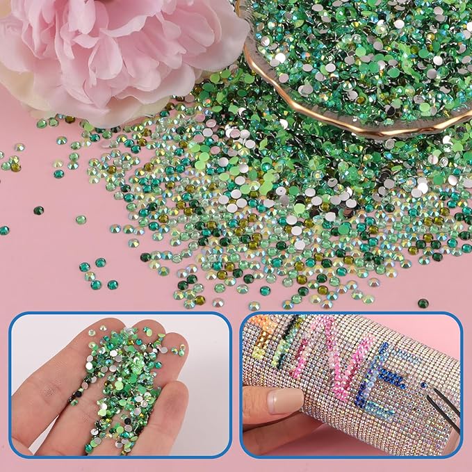 4500Pcs Flatback Rhinestones for Crafts, 3mm Green Crystals Rhinestone, Resin Flatback Glitter Gems Nail Diamonds Rhinestones for Clothes Accessories DIY