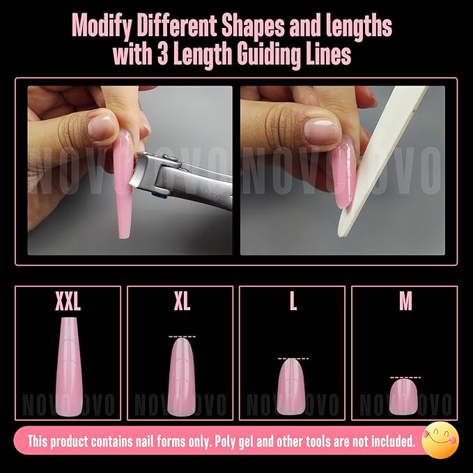 NOVO OVO Tapered Square (Natural not Sculpted) Nail Dual Forms for Poly Gel Extension with Guiding Line Inside, XL XXL Reusable Full Cover Acrylic Builder Hard Gel Polygel Molds x 15 sizes 150 Pcs