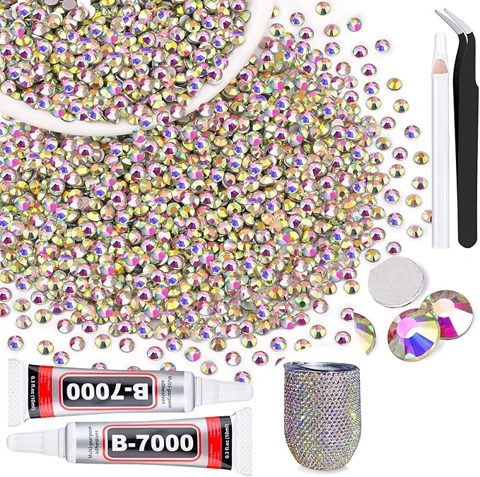 2500PCS SS10/2.8mm Crystal Rhinestones (Crystal AB) with 2Pcs 10ml B7000 Jewelry Glue, Bedazzling Flatback Glass Rhinestones for Crafting, Gems Diomand Charms for Tumbler Shoes Clothing Mugs Nail Art