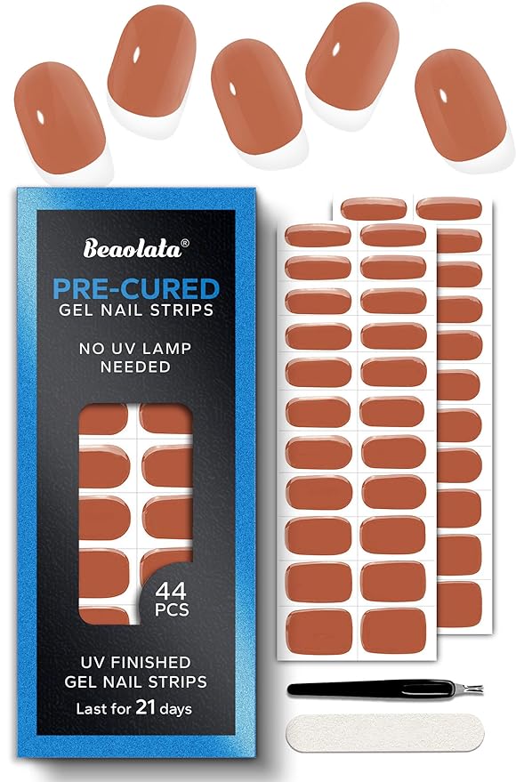 Pre Cured Gel Nail Strips - 44PCS Salon Quality Gel Nail Stickers - Long Lasting Polish Wraps for Women no UV Light Needed Easy Apply & Remove (Walnut Brown)