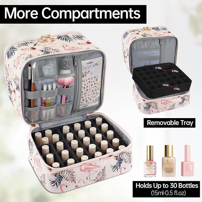 Buruis Double-Layer Nail Polish Organizer Bag, Holds 27 Bottles (15ML/0.5 FL.OZ or Larger), Nail Tools & Dryer Storage Case with Adjustable Dividers (Flamingo)