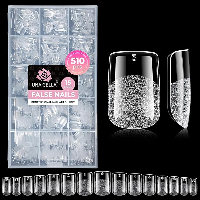 UNA GELLA Short Square Gel Nail Tips, 510Pcs Short Square Press on Nails 15 Sizes Half Matte Fake Acrylic Full Cover Nail Tips Clear No C Curve False Nails for Nail Extensions DIY Home Salon for Women