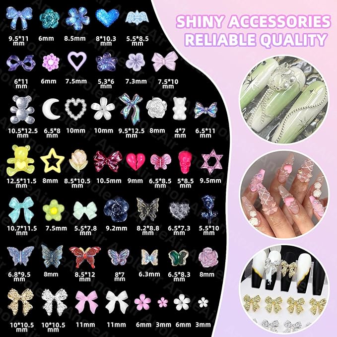 Assorted Nail Charms Kit, 3D Nail Charms and Flatback Pearls Gems Set, Gold Silver Nail Bows, Flower Butterfly Bows 3D Asssorted Nail Charms and Gems, Nail Pearls for Nail Art DIY with Pickup Tools