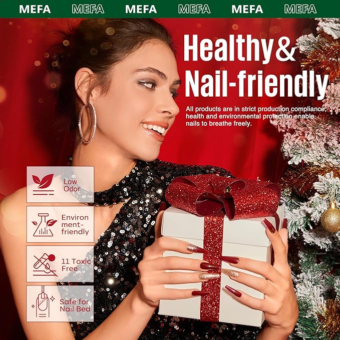 MEFA 19 Pcs Gel Nail Polish Kit with U V Light, 12 Red Christmas Colors Burgundy Red Dark Green Glitter Gel Polish Winter Silver Gold Sparkle Valentine's Day Manicure DIY Salon Decorations Gifts