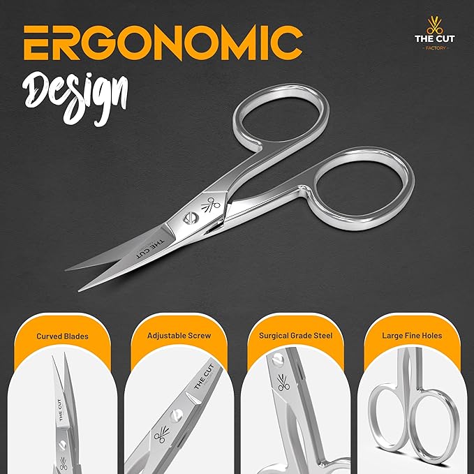 The Cut Factory- Premium Manicure Scissors Multi purpose Stainless Steel Cuticle Pedicure Beauty Grooming Kit for Nail, Eyebrow, Eyelash, Curved Blade High Carbon Steel Anti- Rust Leather Pouch