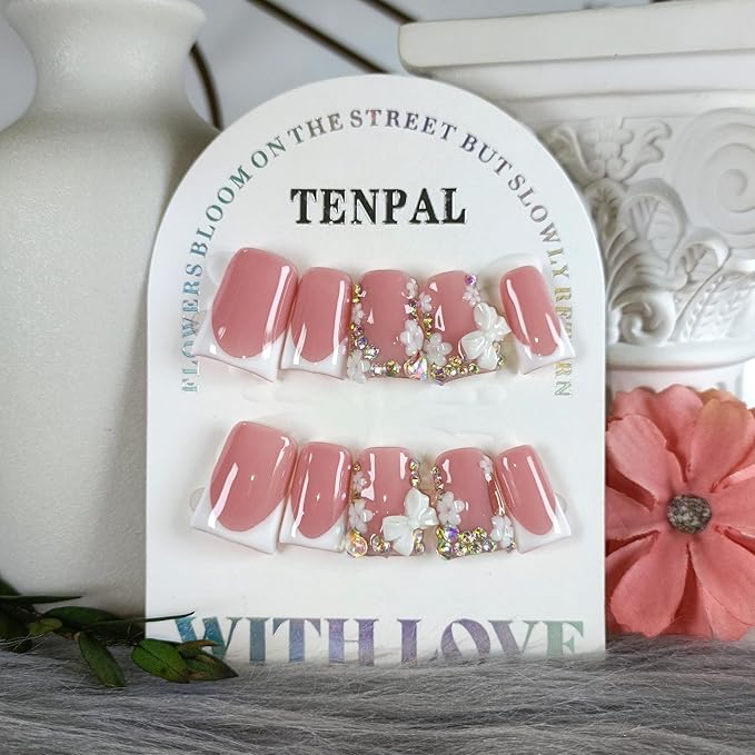 Short Coffin Duckbill Press on Nails,White French Tip Fake Nails with Rhinestones & 3D Bow Designs,10PCS Soft Gel Glue on Nails with Tools,Elegant Glossy False Nails for Daily Wedding Wear(M)