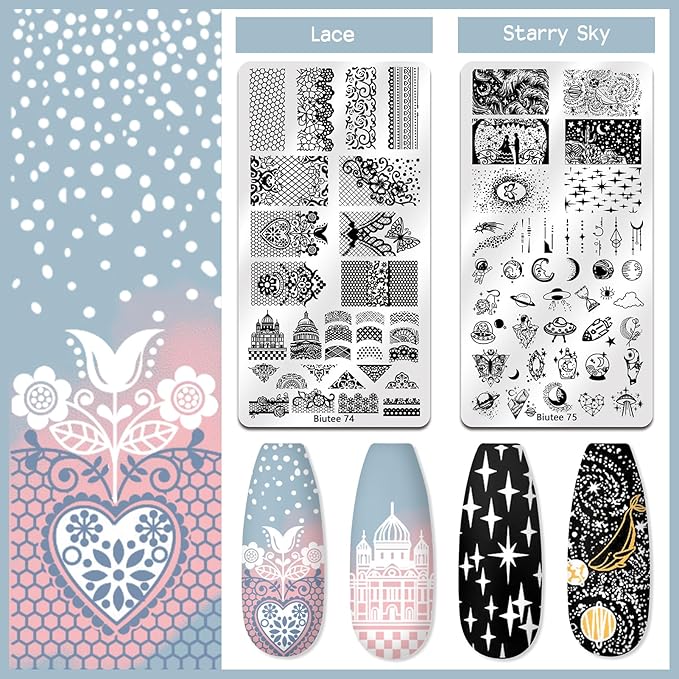 Biutee Nail Stamper Kit 22Pcs Gel Nail Stamping Kit 12Pcs Nail Stamping Plates 8Pcs Gel Stamping Polish, Silicone Stamper Scraper Flower Lace Star Stripe Holiday Stamp Template Gift for Women