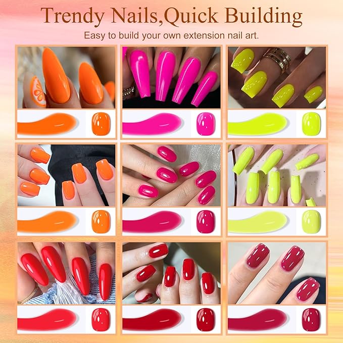 MTSSII 15Pcs Gel Nail Polish Set 6 Colors Neon Gel Polish + 3Pcs Poly Extension Gel Nail Kit Pink Orange Yellow Red Builder Gel Set for Beginner & Professional