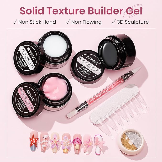 Clear White Pink Solid Builder Gel for Nails 3D Nail Art Sculpture Hard Gel with Dual Form for Extension Carving Molding Patterns Decoration Home Manicure DIY for Women