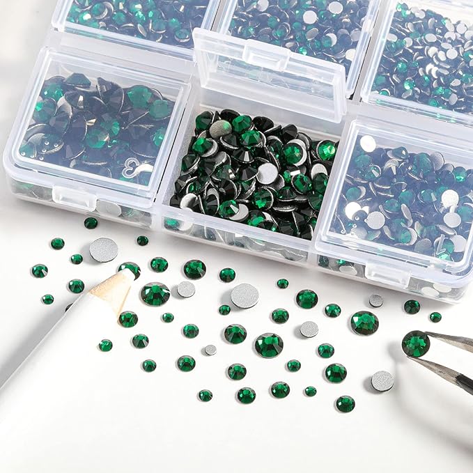 Beadsland 4300pcs Flatback Rhinestones,Green Rhinestone Nail Gems Round Crystal Rhinestones for Crafts,Mixed 6 Sizes with Picking Tweezers and Wax Pencil Kit, SS6-SS20,Emerald