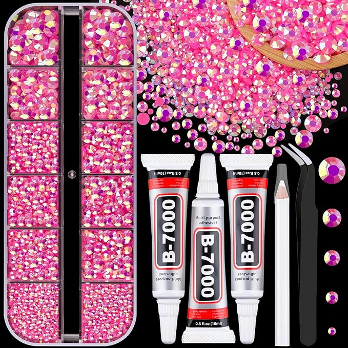 Resin Jelly Rhinestones for Crafting with B7000 Jewelry Glue, 1 Box Hot Pink AB Flatback Crystal with 3Pcs 10ml Glue, Bedazzling Non Hotfix Gems for DIY Tumblers Clothing Shoes Manicure