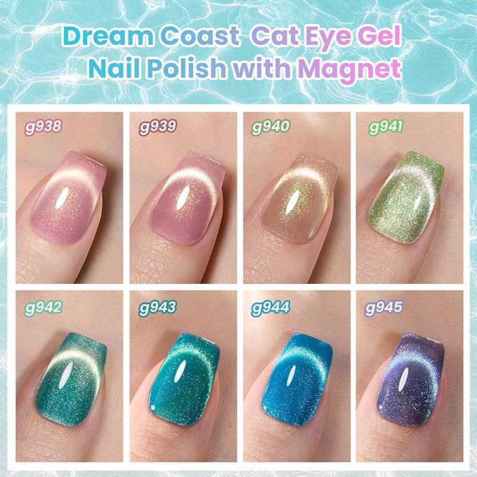 Beetles Dream Coast Cat Eye Gel Nail Polish Set - 6 Colors Glitter Gel Nail Polish Kit Pink Yellow Green Blue Purple Magnetic Shine Soak Off UV Salon DIY Gift Manicure for Women