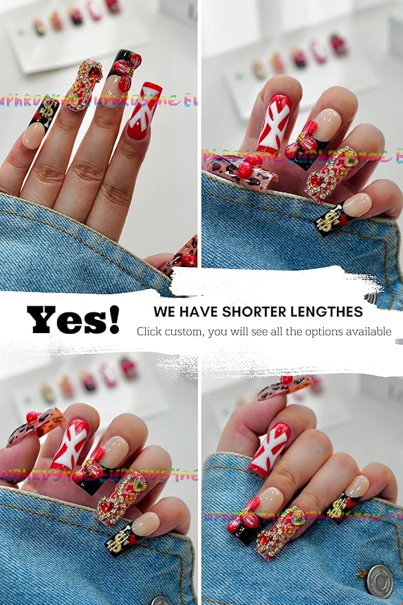 Euphrosyne Y2K Press On Nails – 10pcs Long Coffin Fake Nails with Leopard Print, 3D Cherry, Flowers, Heart Rhinestones & Love Charms | Trendy Stick-On Nails for Women, Cute Nail Art for Party Look