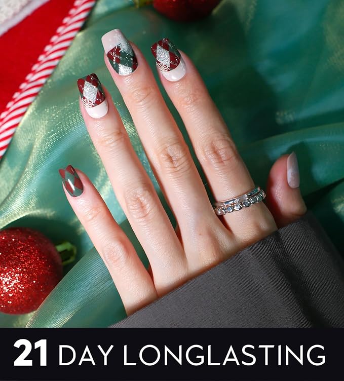 Semi Cured Gel Nail Strips - UV Light Gel Nail Stickers - 20 Long Lasting Salon Quality Wraps (Christmas Cheer Plaid Red&Green)
