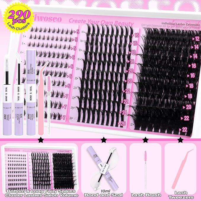 wiwoseo Spiky Lash Clusters with Bottom Lash Clusters Kit Salon Volume Lash Spikes Cluster Eyelash Extensions Kit 26MM Long Eyelash Clusters Spiky Manga Lashes Clusters with Clear Bond and Seal