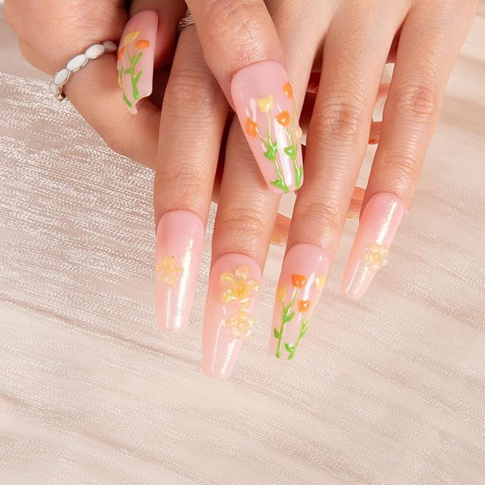 LOVFUL Press on Nails Flower Refresher | Handmade with Full Covered Crystals | Reusable Full Cover Nails | Coffin Classic Regular 1.3 in | H313-L