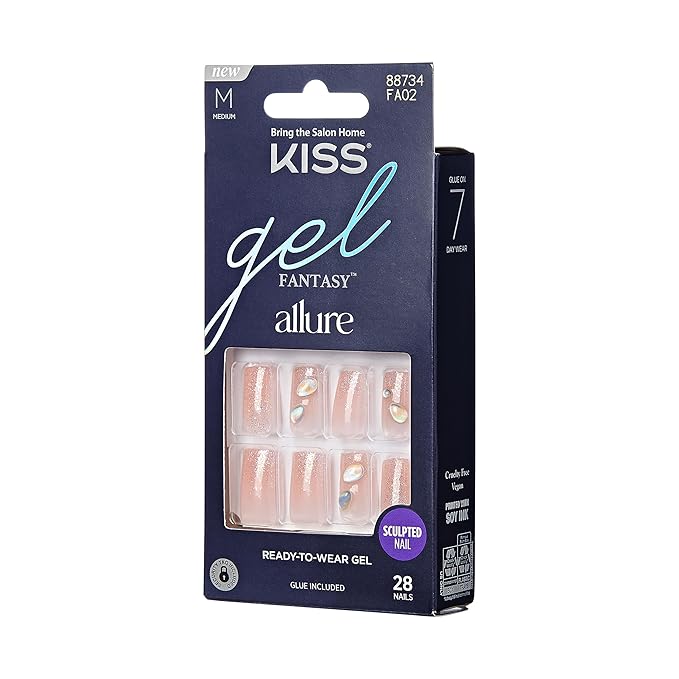 KISS Gel Fantasy Allure Press On Nails, Ready to Wear, 3D Design, Waterproof, Pink Gel Nail Glue 0.07 Oz. (2g), Manicure Stick & Mini File, 28 Count