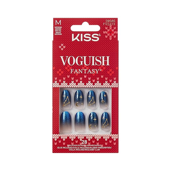 KISS Voguish Fantasy Holiday Press On Nails, ‘Merry Magic’, Navy, Medium Oval, No Damage To Natural Nails, Pink Gel Nail Glue (2g), Mini Nail File, Manicure Stick, & 28 Fake Nails