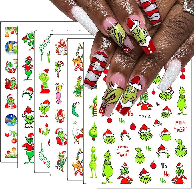 12Sheets Christmas Nail Art Stickers Green Fun Cartoon Santa Claus Designs Nail Decals Xmas Tree 3D Self-Adhesive Winter Holiday Nail Decoration Xmas DIY Manicure Accessories Supplies for Women Kids