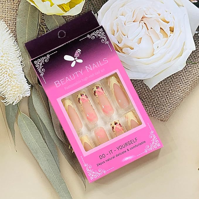 Press on Nails Coffin Long Length Acrylic Glossy Full Cover Square Shaped French False Nails with Designs Artificial Extra Long Fake Nails with Charms Glue ons Fingernails for Women(C140)