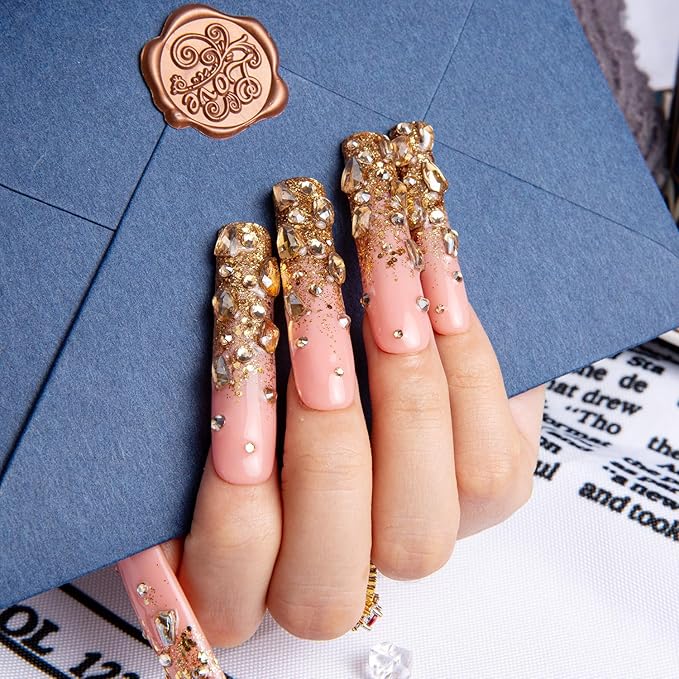 LOVFUL Gold Bling Press On Nails, Stunning Drill Glue On Nails, Luxury Fake Nails, Princess Nails | Handmade Nails l Fake Stick on nails| Square Long 2.2 in | H84 (M)
