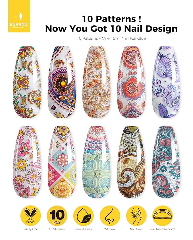 BURANO Nail Art Nail Foil Glue Gel, o.5 oz with 10PCS Foil Stickers Set Nail Foil Glue for Nails Foil Transfer Gel, Nail Design DIY UV LED Lamp Required (Popular Foil 12)