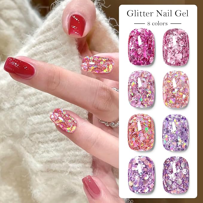 MEET ACROSS 9Pcs Glitter Sequins Gel Nail Polish Sparkly Shiny Pink Purple Gel Polish Set with 1Pc Nail Brush Nail Gel Nail Art Manicure Salon Kit 8 Colors