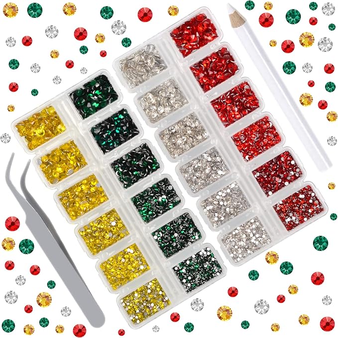 10000 Pieces Rhinestones 6 Sizes Round Crystal Glass Flat Back Rhinestones with 1Tweezers and 1Picking Pen for Nail Art Crafts Clothes Bags DIY (Xmas 4 Colors)