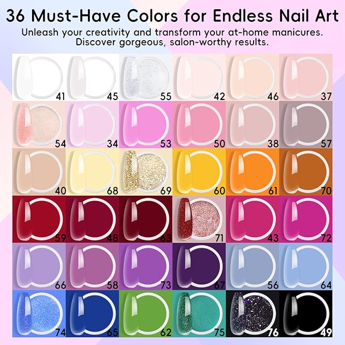 36 Color Acrylic Nail Powder Set, Acrylic Powder Nail Art 3D Sculpture French Extension for No Lamp Needed, Professional Salon Quality, Bubble Free & Long Lasting